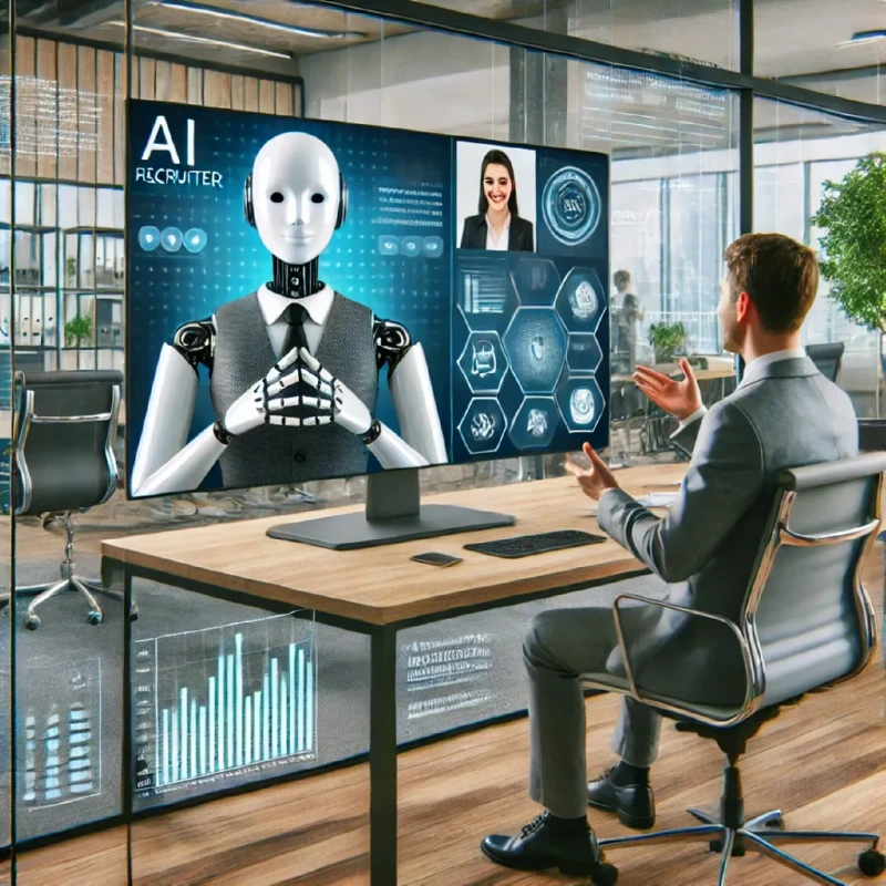 DALL-E-2024-06-27-12.45.49---A-modern-office-setting-with-a-large-computer-screen-showing-a-video-call-between-a-professional-AI-recruiter-and-a-job-candidate.-The-AI-recruiter-is.webp